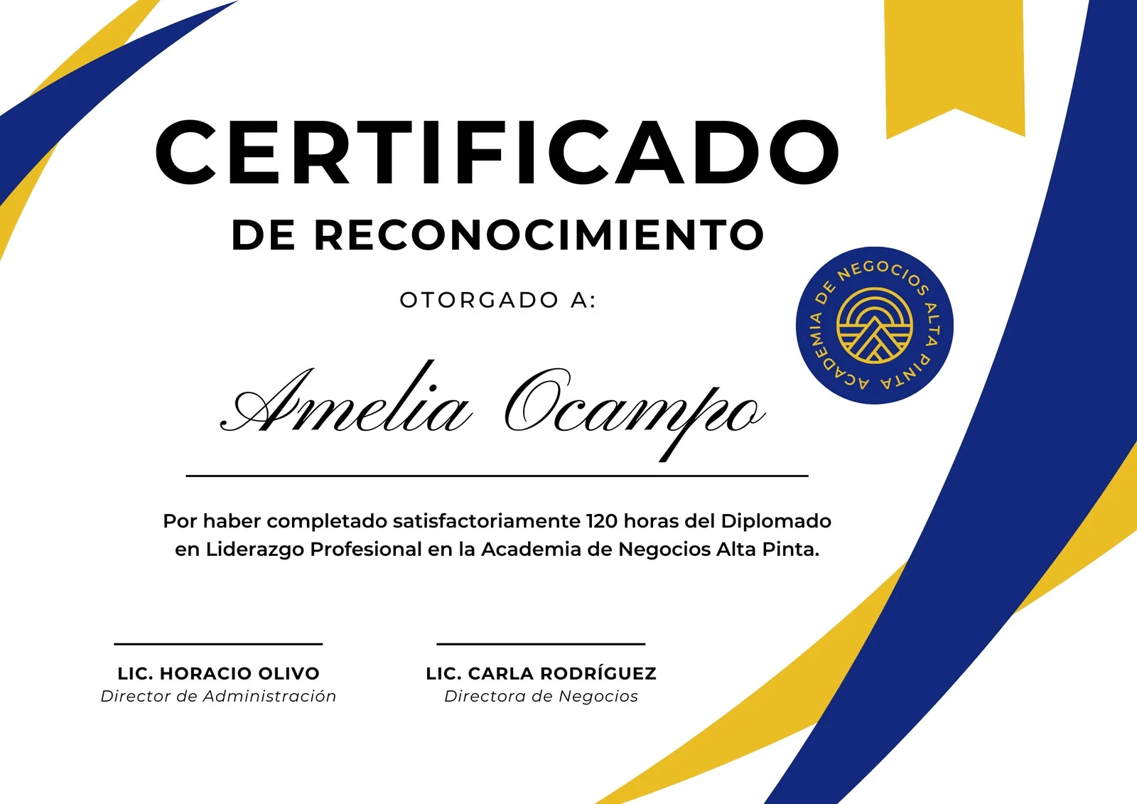 Certificado a nombre del colegio profesional